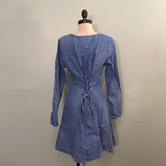 Vintage 90s Denim Fit and Flare Long Sleeve Dress - Picture 3 of 5